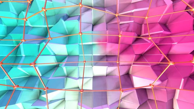 Low poly 3D surface with flying grid or mesh and moving spheres as unique background. Soft geometric low poly background of pure blue pink red polygons. 4K Fullhd seamless loop background
