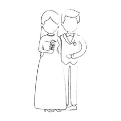 cute couple just married with flowers bouquet vector illustration design