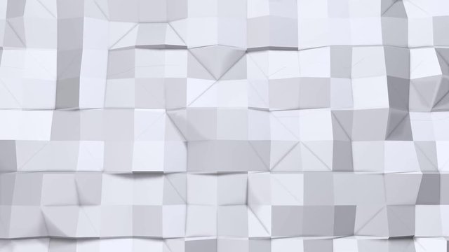 Simple low poly 3D surface as cartoon backdrop. Soft geometric low poly background of pure white grey polygons. 4K Full hd seamless loop background