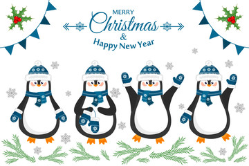 Merry christmas and a happy new year. Lovely postcard with different penguins in caps