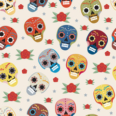 Day of the dead holiday in Mexico seamless pattern with sugar skulls. Skeleton endless background. Dia de Muertos repeating texture. Vector illustration