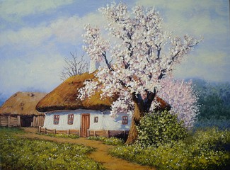 Obrazy  Spring and house, landscape oil paintings, village
