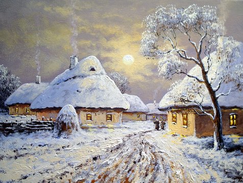 Winter landscape oil paintings, village