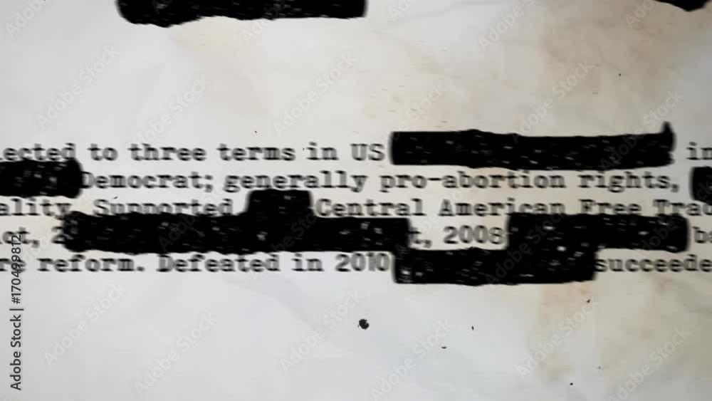 Poster enigmatic 3d rendering of a hidden text covered with black ink on a secret typed document with some 