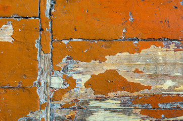 Texture of old dilapidated wooden floor with brown peeling paint. Exfoliated Paint on an Old Wooden Floor. Shabby Background