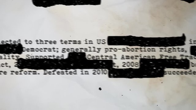Enigmatic 3d rendering of a hidden text covered with black ink on a secret typed document with some name, surname, address, and information. The paper is censored and moves quickly