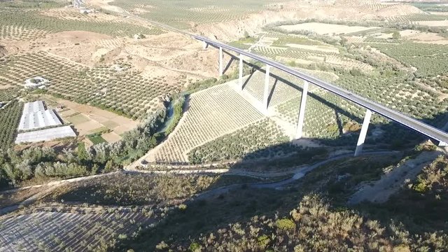 1080p Aerial, Flight over a highway bridge and down river village and olive orchards, Andalucia, Spain. Staright rows of olive trees and high rise bridge with going on cars. Way to Cordoba