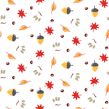 Autumn foliage seamless vector pattern. Fall seasonal nature leaves, acorns and chestnut cartoon texture.