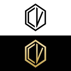 initial letters logo cv black and gold monogram hexagon shape vector