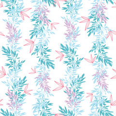 Vector blue pink tropical leaves summer vertical seamless pattern borders set with tropical pink, blue plants and leaves on white background. Great for vacation themed fabric, wallpaper, packaging.
