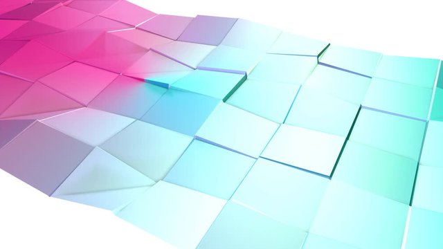 Abstract simple blue pink low poly 3D surface as space background. Soft geometric low poly motion background of shifting pure blue pink polygons. 4K Fullhd seamless loop background with copy space