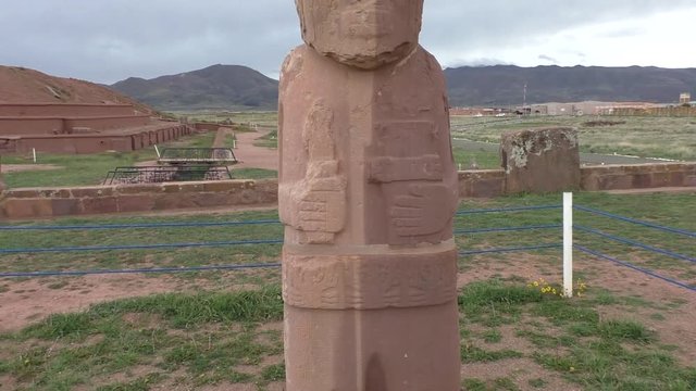Ancient Stone Statue of a priest - Fraile Monolith in famous Tiwanaku Archaeological site, Kalasasaya temple, Bolivia