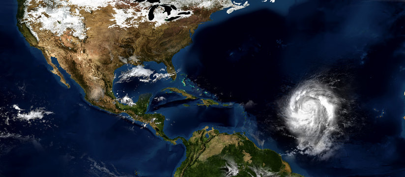 Extremely detailed and realistic high resolution 3d illustration of a hurricane approaching the southeastern caribbean islands. Shot from space. Element of this image are furnished by Nasa.
