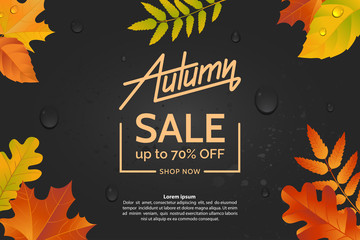 Autumn leaves on a dark wet asphalt background. Autumn sale concept. Colorful illustration for poster, banner, leaflet, flyer. Vector eps 10.
