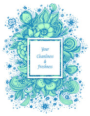 Template with abstract flowers bouquet in blue on white spring  composition for decoration  package of perfume or for cosmetic shampoo soap or for advertising hygiene products purity  freshness 