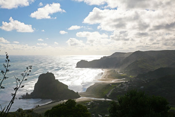 Lion rock and piha beach from above, near Auckland in the Waitakere Ranges, New Zealand