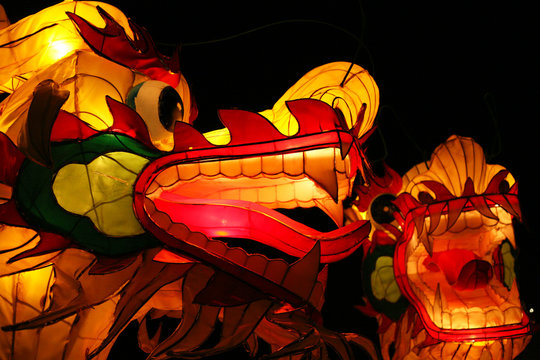Dragon lanterns illuminate the night - A traditional Chinese New Year display of illuminated lanterns and artwork