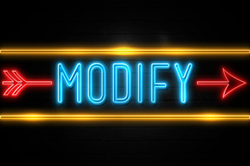 Modify  - fluorescent Neon Sign on brickwall Front view