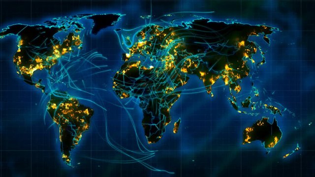 Impressive 3d rendering of the weather world map with illuminated cities, dark green forests, blue oceans and seas, moving lines of winds and hurricanes