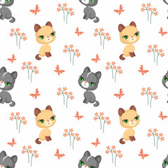 Vector colorful seamless pattern with the image of cute pets in cartoon style.