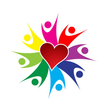 Teamwork colorful people with heart vector logo