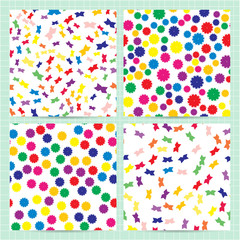 Set of square cards with seamless patterns with random abstract colorful elements. Bright colors background. Vector business templates for flyer, card, brochure, cover, textile.