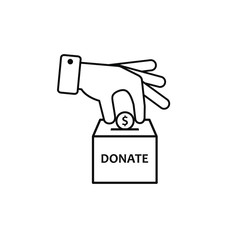 Hand putting coin in donation box illustration. Vector outline icon