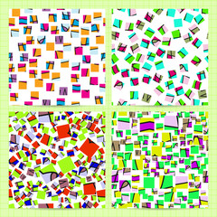 Set of square cards with seamless patterns with random, chaotic, scattered, abstract colorful elements. Bright colors background. Vector business templates for flyer, card, brochure, cover, textile.