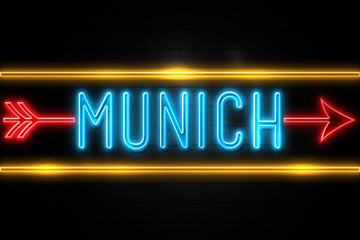 Munich  - fluorescent Neon Sign on brickwall Front view