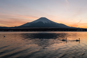 View of Mount Fuji and Lake Yamanakako in winter evening. Lake Yamanakako is the largest of the Fuji Five Lakes.
