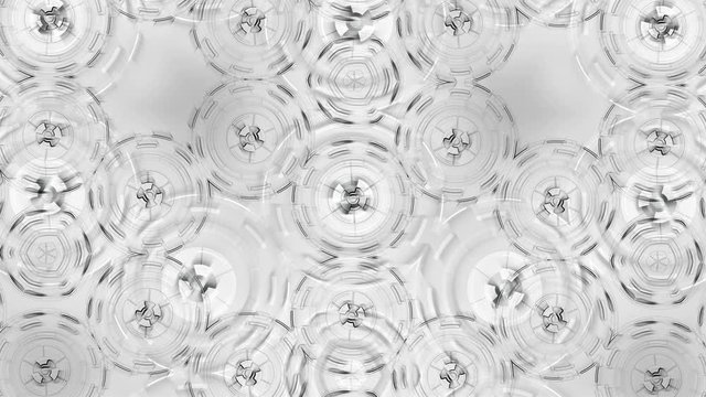 Abstract round kaleidoscope animation, hi-tech background with circles. Transparent fill up screen monitor. Futuristic Sci-Fi HUD effect. Central sight of wheels in technology. Subtle mechanical gears