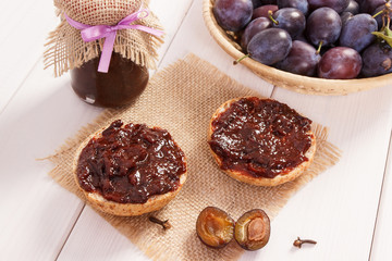 Fresh prepared sandwiches with plum marmalade or jam, breakfast concept