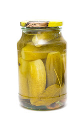 Pickled cucumbers in a glass jar