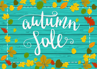 Vintage autumn wooden background. Fall yellow tree maple leafs vector design. Season nature border banner. Advertising sale template mock up retro shopping art. Foliage border concept.