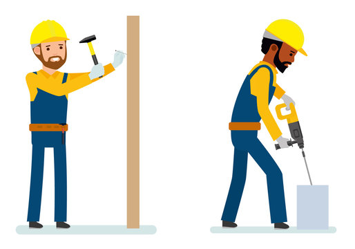Set of male construction worker, worker strikes with a hammer a nail, worker drilling concrete. Isolated against white background. Vector illustration. African American people. Cartoon flat style.