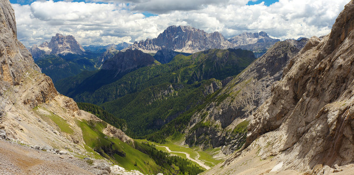 Mountain valley with peaks of Monte Civetta and Monte Pelmo, Dolomites, Italy