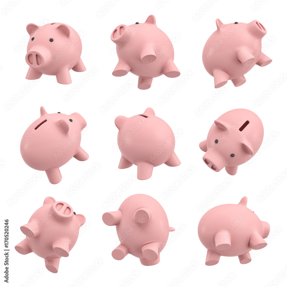 Poster 3d rendering of many piggy banks in different views from their sides, tops and bottoms.