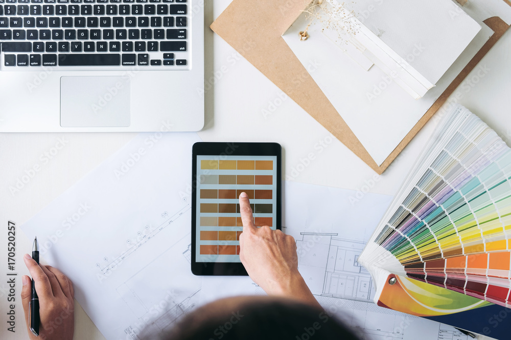 Poster two young women interior design or graphic designer working on project of architecture drawing with 