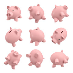 3d rendering of many piggy banks in different views from their sides, tops and bottoms.