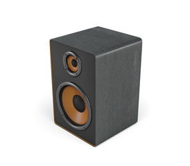 Obraz premium 3d rendering of a large black stereo box with two round speakers on white background.