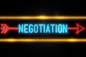 Negotiation  - fluorescent Neon Sign on brickwall Front view