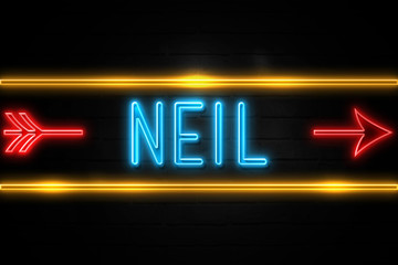 Neil  - fluorescent Neon Sign on brickwall Front view