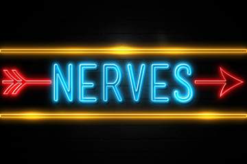 Nerves  - fluorescent Neon Sign on brickwall Front view