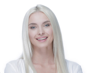 Close-up of a beautiful woman with blonde straight hair and dayt
