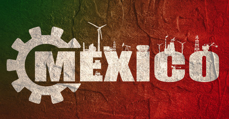 Energy and Power icons. Sustainable energy generation and heavy industry. Mexico word decorated by gear. Grunge distress texture.