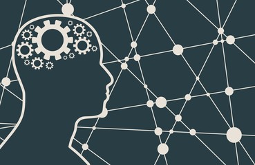 Silhouette of a man's head with gears icons. Mental health relative brochure, report or flyer design template. Scientific medical designs. Connected lines with dots. Vector illustration