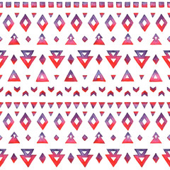 Seamless Hand Drawn Watercolor Ethnic Tribal Pattern. Aztec elements of blue red watercolor on white background.