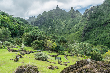 View from the upper garden surrounded by mountains, at the Limahuli Garden and Preserve-National Botanical Garden, Ha'ena, Halele'a, Kauai