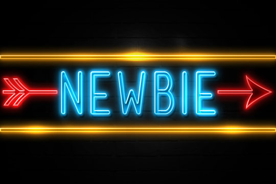 Newbie  - fluorescent Neon Sign on brickwall Front view