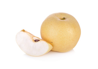 whole and portion cut ripe century pear on white background